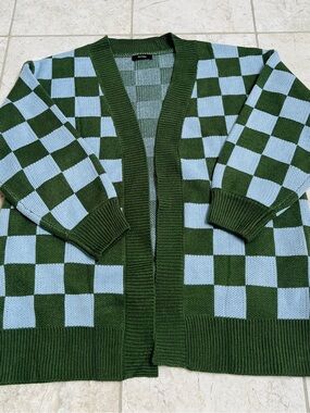 Greene & Light Blue Checkered Cardigan Sweater